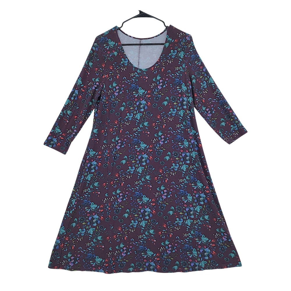 Garnet Hill Midi Dress M Black Blue Floral Fairy ALine 3/4 Sleeve Stretch Modest
